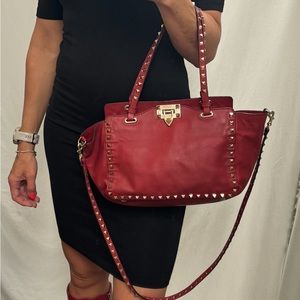 Valentino Garavani, red color leather , two way, rockstud tote.